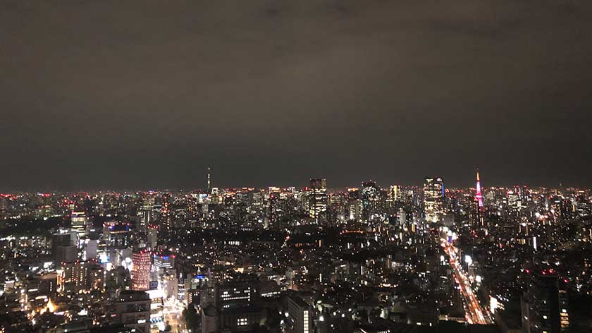 Night view of Tokyo Tower and Tokyo Skytree from Shibuya Sky