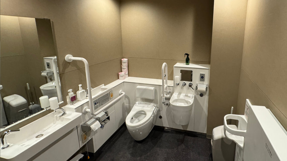 A large accessible toilet is available in the lobby. It has a sink, toilet with backrest and hand rails, ostomate cleaning sink, and facilities for changing baby diapers.