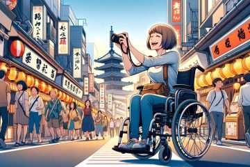 A manga-style illustration of a joyful woman in a wheelchair photographs a lively street with lantern-lit shops