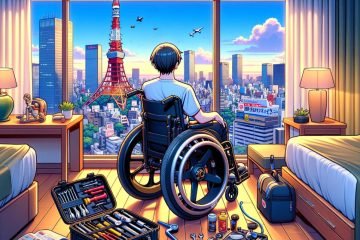 Person in wheelchair by window overlooking Tokyo Tower at sunset, with tools on floor.