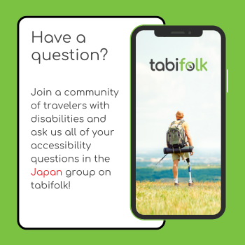 Image of a phone displaying a person with a prosthetic leg hiking, with text promoting a community for travelers with disabilities on tabifolk.