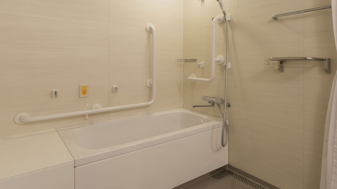 A bathroom with a bathtub, equipped with multiple white grab bars and a handheld shower, designed for accessibility and safety.