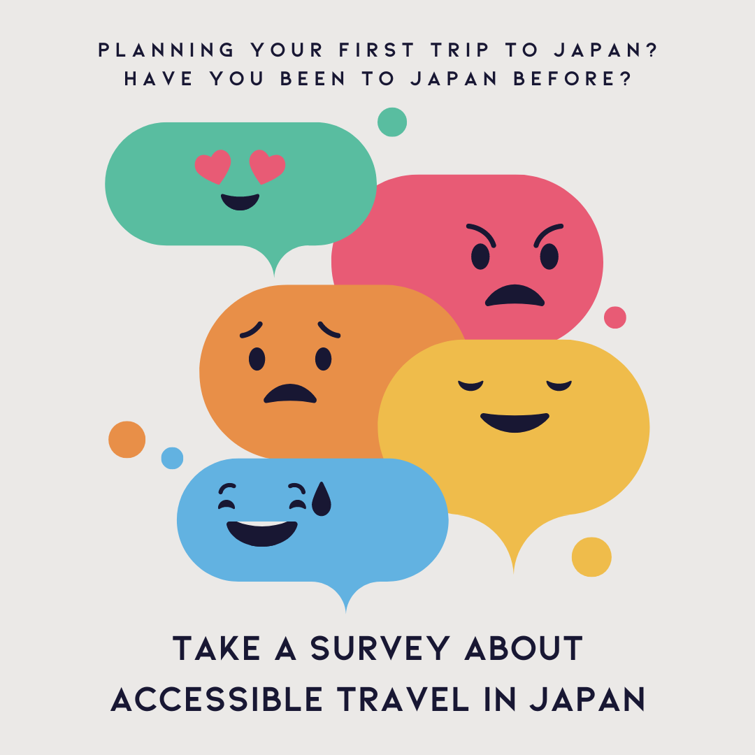 Colorful speech bubbles with various emoji faces ask about accessible travel in Japan. Text invites taking a survey.