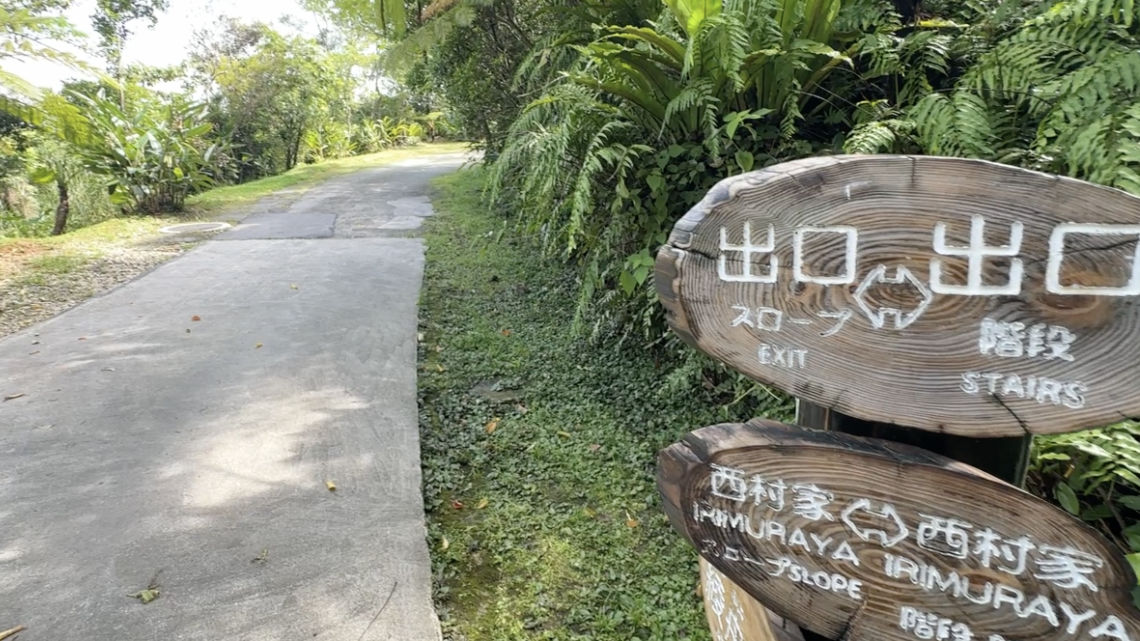 A concrete path surrounded by lush greenery with a wooden sign indicating exits for a slope and stairs.