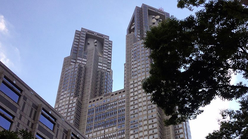 A view of the Tokyo Metropolitan Government Building's twin towers, featuring modern architecture against a clear sky and tree in the foreground.