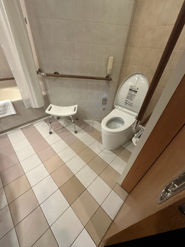 An accessible bathroom featuring a toilet with support bars, a handheld shower, and a stool for seated bathing, providing convenience for wheelchair users at the Asakusa View Hotel.