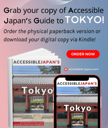 Ad promoting "Accessible Japan's Guide to Tokyo" with paperback and Kindle options. Includes a website link and "Order Now" button.