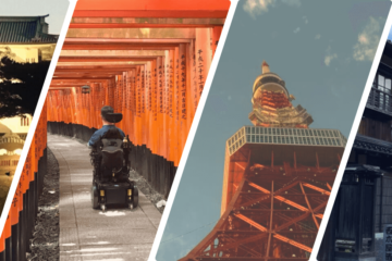 A collage featuring Kanazawa Castle at dusk, Fushimi Inari's torii gates with a wheelchair user, Tokyo Tower, and a traditional village street.