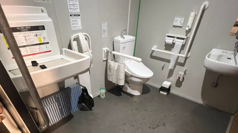 Interior of an accessible toilet with grab bars, a baby changing station, a toilet, and a small sink, designed for universal use.