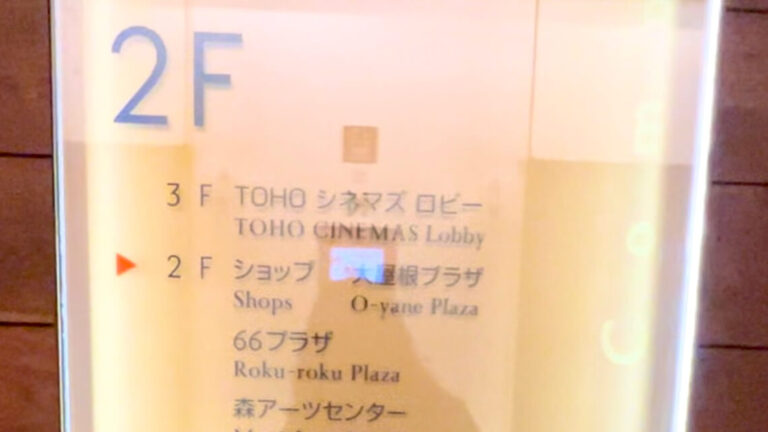 A directory sign for the 2nd floor, showing shops, plazas (O-yane and Roku-roku Plaza), and the TOHO Cinemas lobby on the 3rd floor.