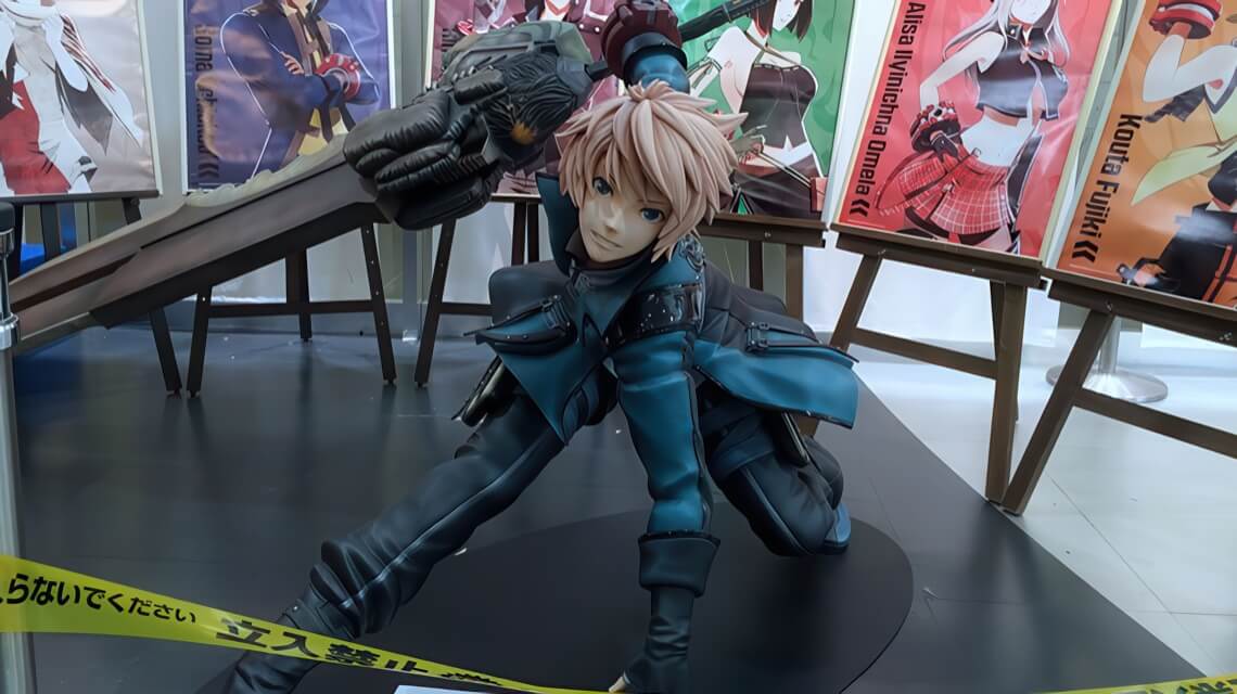 A dynamic statue of a character in a blue outfit wielding a large sword, displayed in front of anime-style character posters.